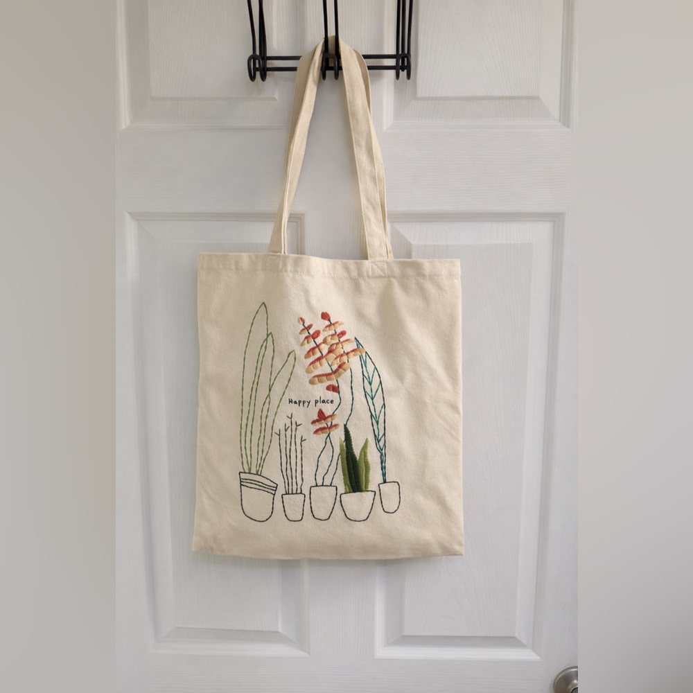 Embroidered “Happy Place” Botanical Canvas Market Tote Bag